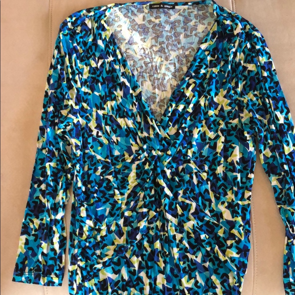 blue and black patterned blouse